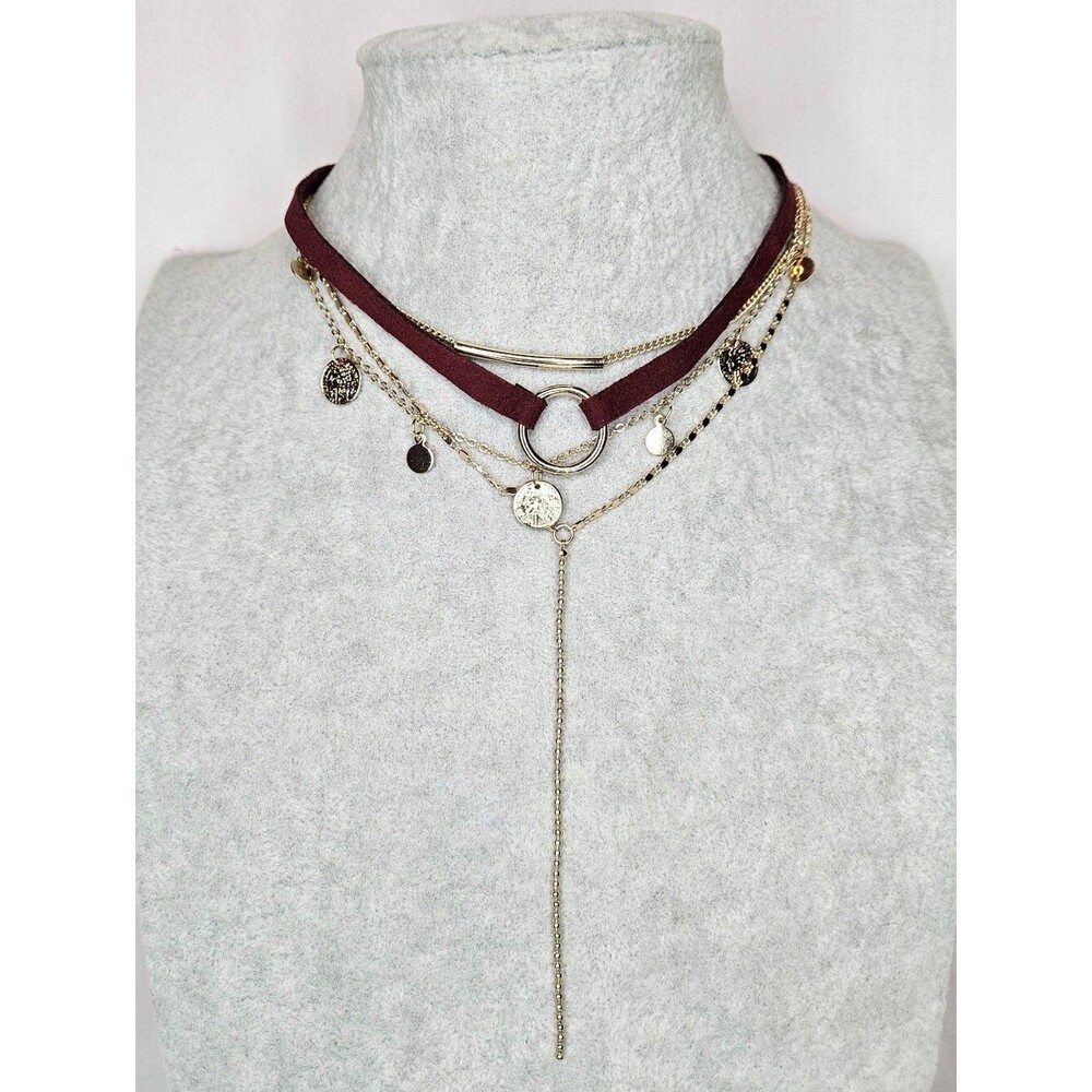 NWOT Burgundy Suede Gold Layered Choker Necklace Set Multi Strand 12-16"
